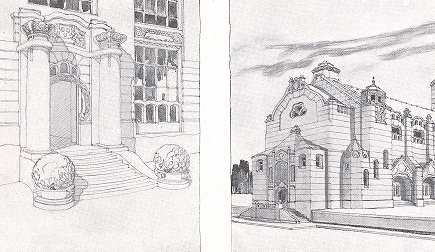 VÁZLAT A MŰTEREM-BÉRHÁZ KAPUJÁHOZ - - - TEMPLOM-RÉSZLET <BR>KANN GYULA RAJZA