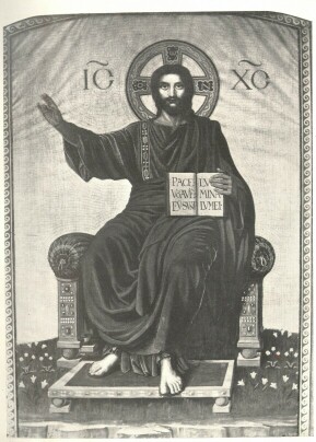 A BALÁZSFALVI GÖR. KATH. SZÉKESEGYHÁZ FRESKÓDÍSZE A TRÓNOLÓ MEGVÁLTÓ SMIGELSCHI OKTÁV SZÍNES KARTÓNJA