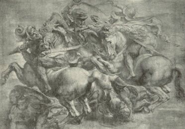 KÜZDELEM A ZÁSZLÓÉRT. AZ ANGHIARII ÜTKÖZET KÖZÉPSŐ CSOPORTJA P.-P.RUBENS RAJZA LEONARDO DA VINCI NYOMÁN PARIS, LOUVRE