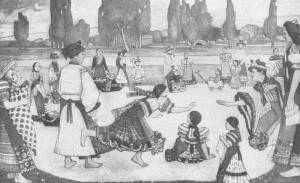 TURÓDI JÁTÉK (MEZŐKÖVESD) FALFESTMÉNY EGY FŐVÁROSI ISKOLÁBAN JUHÁSZ ÁRPÁD MŰVE