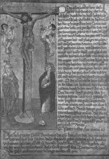 11. KRISZTUS A KERESZTFÁN; BÚCSÚLEVÉL XII. BENEDEK PÁPA IMÁJÁVAL. SZÍNEZETT FAMETSZET XYLOGRAPHIKUS SZÖVEGGEL. 1/2 NAGYSÁG