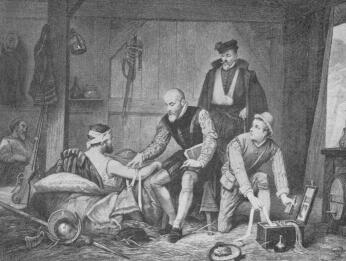 PARÉ AMBROISE EGY SEBESÜLT KATONÁT KEZEL MANIGAUD E. RÉZMETSZETE HAMMAN E. FESTMÉNYE UTÁN DR. GROSZ EMIL TULAJDONA